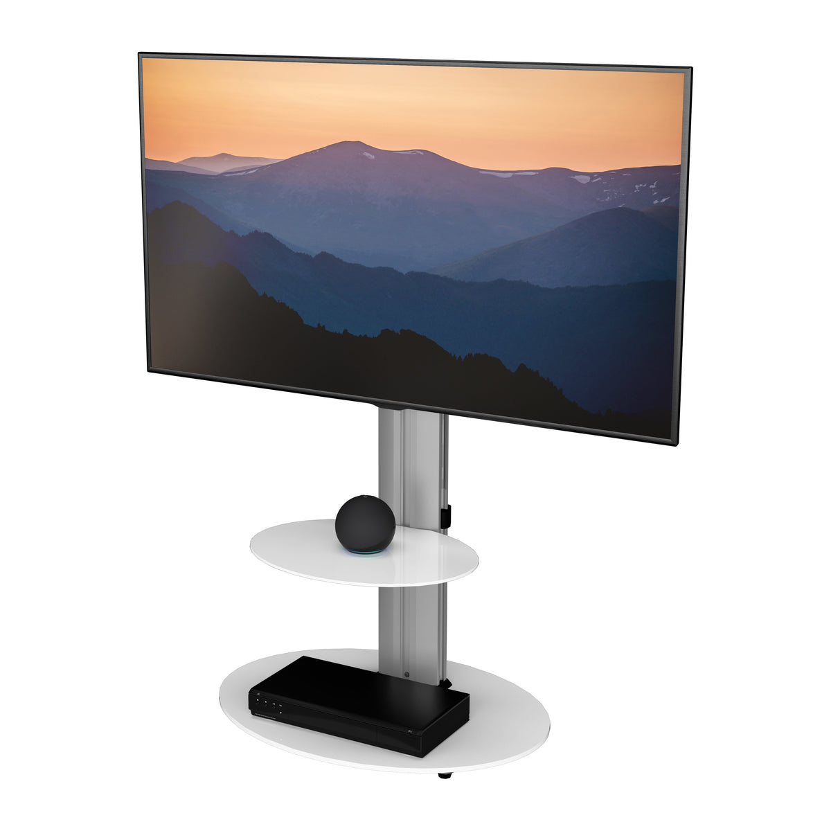 AVF Eno 60cm Pedestal TV Stand - Silver Column / White Glass Base and Shelf | FSL600ENSW from AVF - DID Electrical