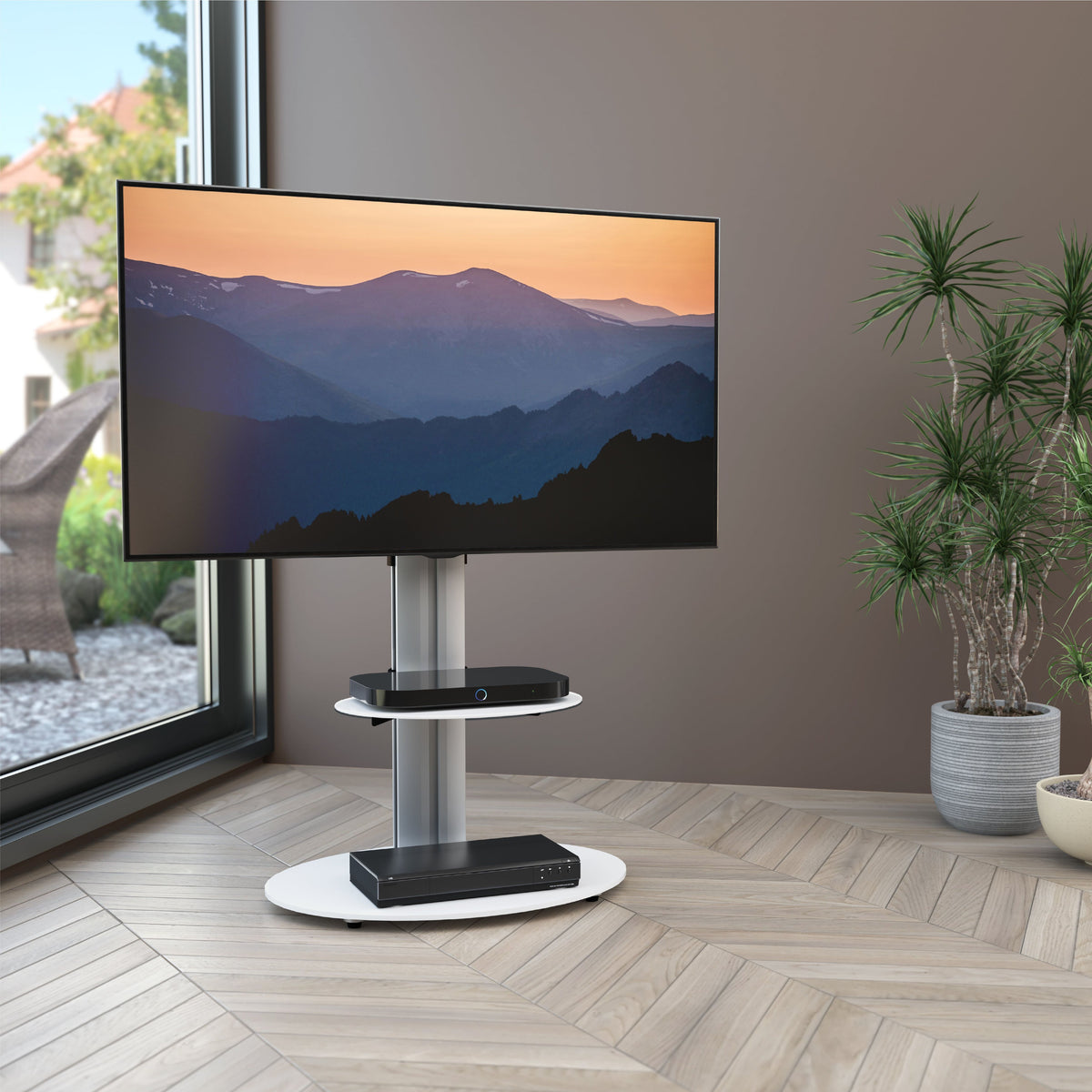 AVF Eno 60cm Pedestal TV Stand - Silver Column / White Glass Base and Shelf | FSL600ENSW from AVF - DID Electrical