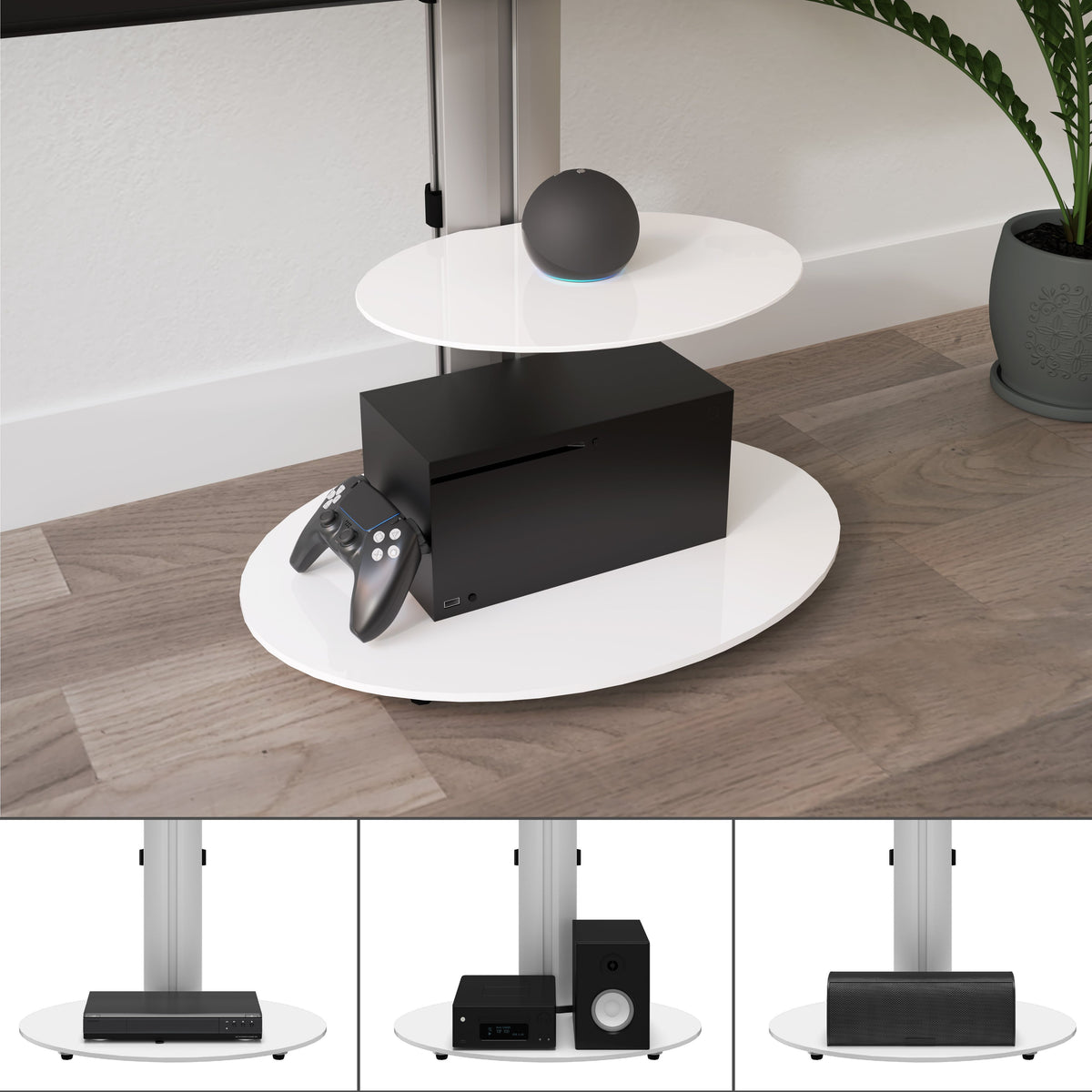 AVF Eno 60cm Pedestal TV Stand - Silver Column / White Glass Base and Shelf | FSL600ENSW from AVF - DID Electrical