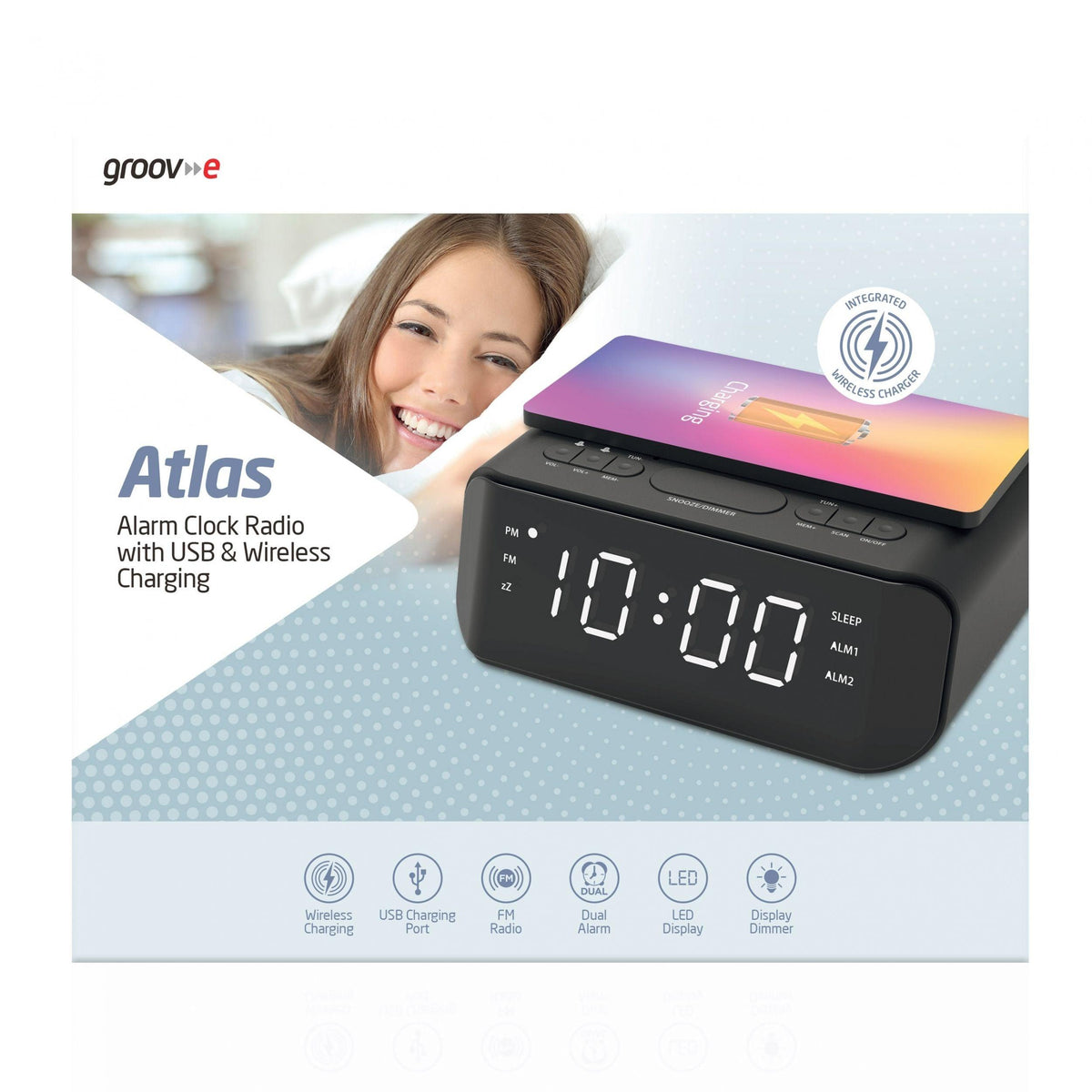 Groov-E FM Alarm Clock Radio with USB & Wireless Charging - Black | GVWC06BK from DID Electrical - guaranteed Irish, guaranteed quality service. (6977634009276)