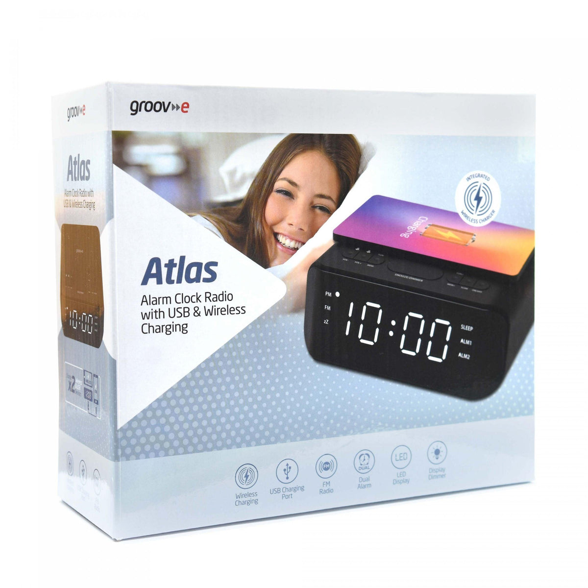 Groov-E FM Alarm Clock Radio with USB & Wireless Charging - Black | GVWC06BK from DID Electrical - guaranteed Irish, guaranteed quality service. (6977634009276)