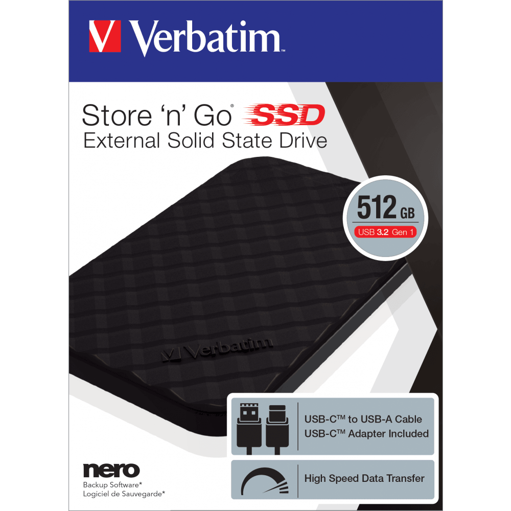 Verbatim Store 'n' Go 512GB 3.2 Gen 1 USB Portable SSD - Black | 114-53250 (7515514175676)