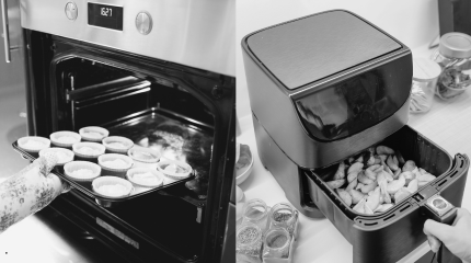 Two photos side by side. Oven with Cupcakes and air fryer with potato wedges