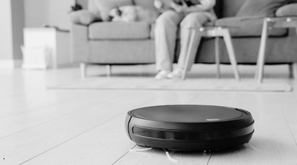 Robot vacuum cleaner - cleans living room while person and dog sit on the couch