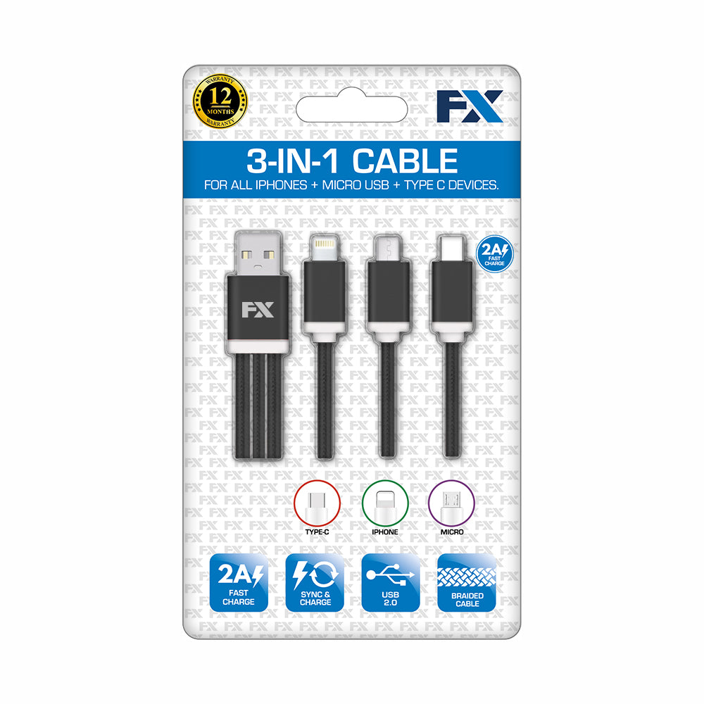 FX Factory Powabud Braided 3-In-1 USB Data Cable (Type-C/Lightning/Micro) - Black | 007064 from FX Factory - DID Electrical
