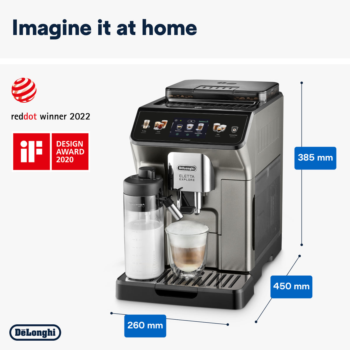 DeLonghi Eletta Explore Bean to Cup Coffee Machine with Cold Brew Technology - Titanium | ECAM450.86.T