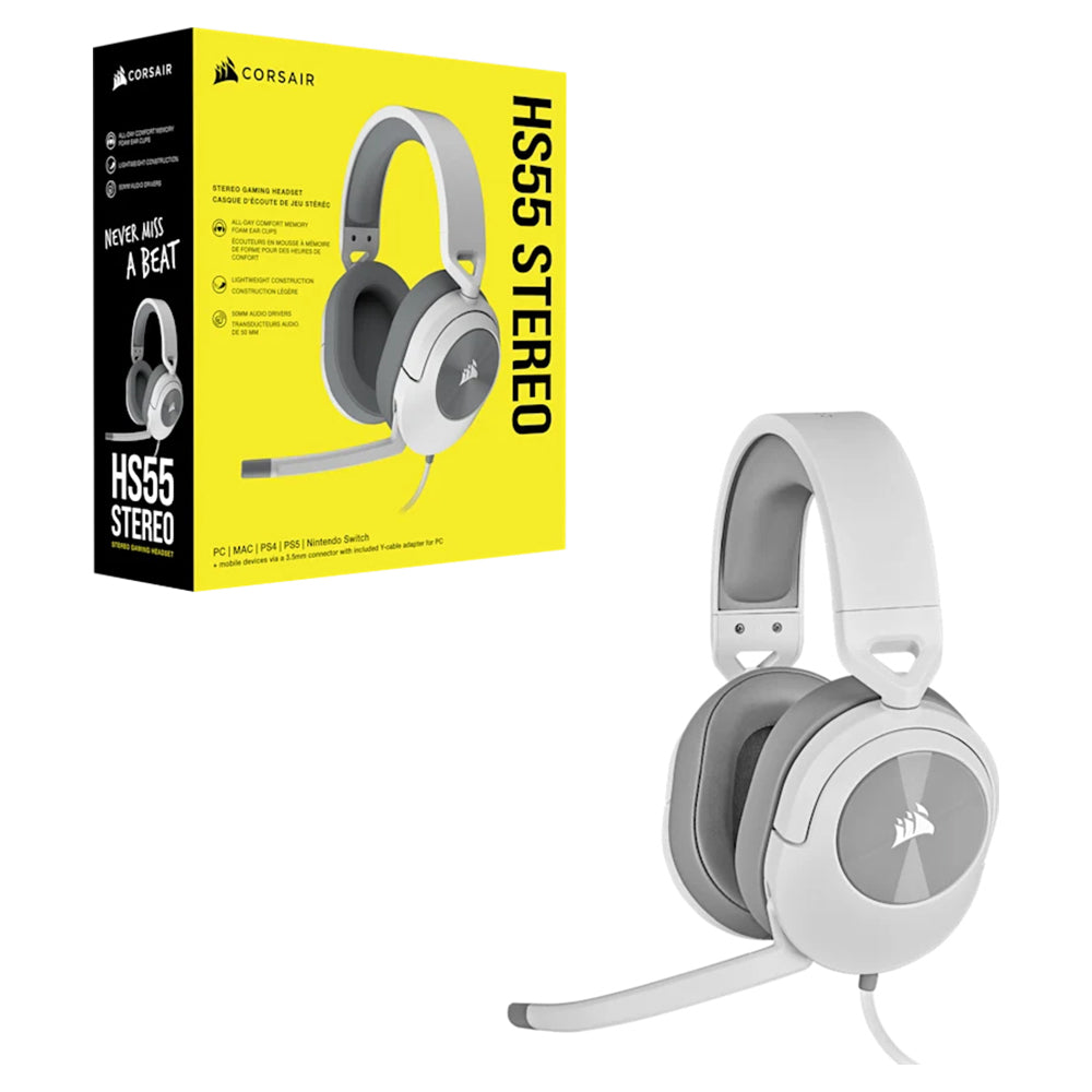 Corsair HS55 Over-Ear Wired Gaming Headset - White | 106-CA-9011261-EU from Corsair - DID Electrical