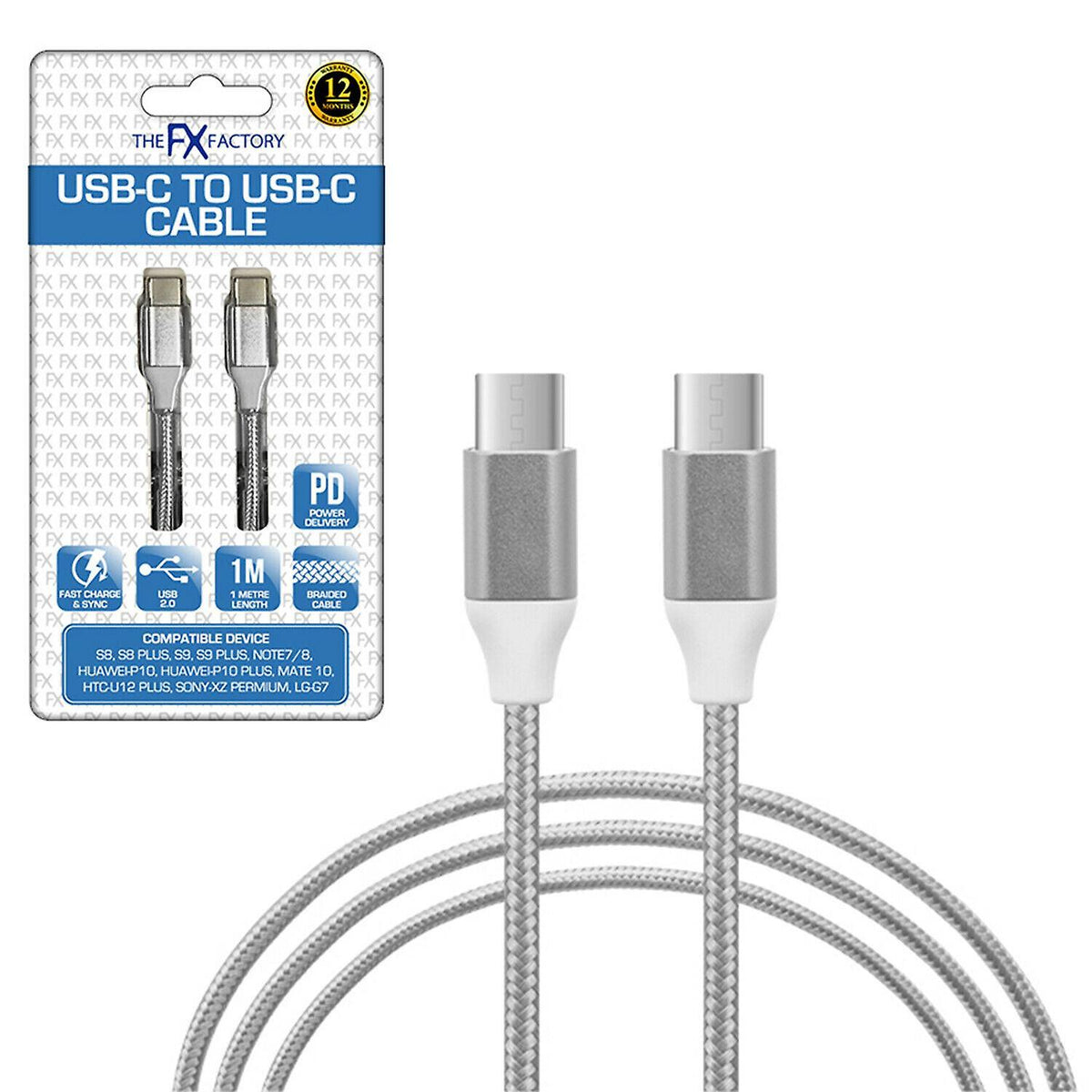 FX Factory Braided 1M USB-C to USB-C Data Cable - Silver | 015168 from FX - DID Electrical