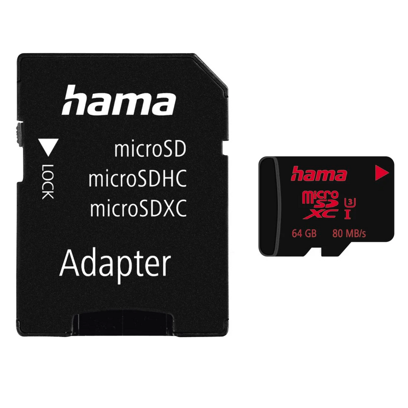 Hama MicroSDHC UHS-I 80MB/s Class 3 64GB Memory Card with Adapter - Black | 246868 from Hama - DID Electrical