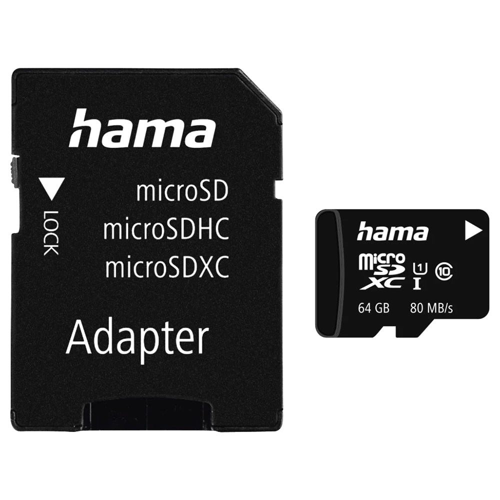 Hama MicroSDHC UHS-I 80MB/s Class 10 64GB Memory Card with Adapter - Black | 300539 from Hama - DID Electrical