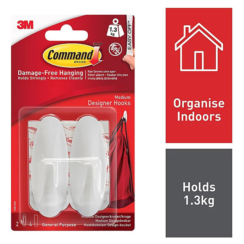 3M Command Medium Designer 2 Hooks/4 Strips Pack - White | 3M17081 from Command - DID Electrical