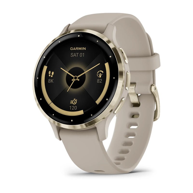 Garmin Venu 3S Soft Gold Stainless Steel Bezel Silicone Band - French Grey | 49-GAR-010-02785-02 from Garmin - DID Electrical
