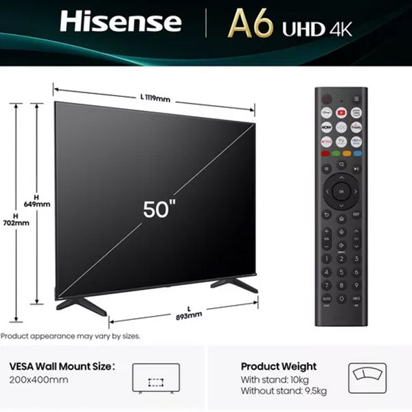 Hisense A6Q 50" 4K Smart TV - Black | 50a61q from Hisense - DID Electrical