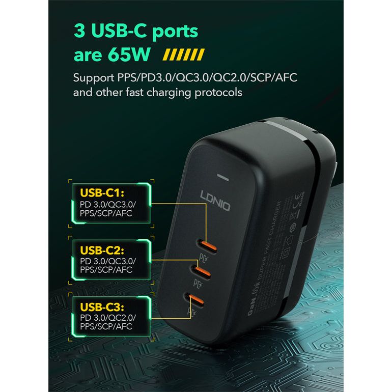Ldnio 65W GaN Adapter 3 Type-c Port USB C Charger - Black | 601396 from Ldnio - DID Electrical
