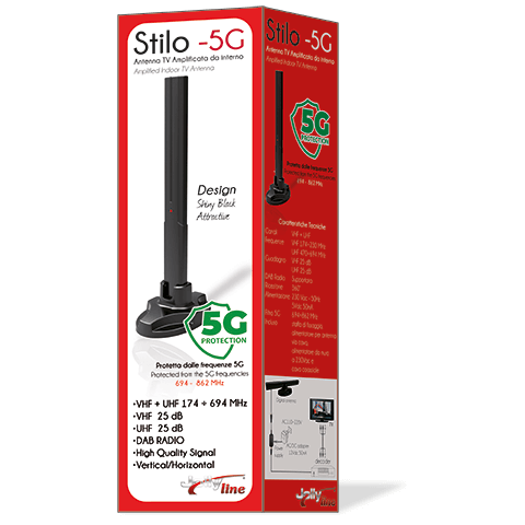 Jolly Line Digital Stilo-5G Indoor VHF &amp; UHF 15dB Amplified TV Antenna with 5G Filter - Black | 761302 from Jolly Line - DID Electrical