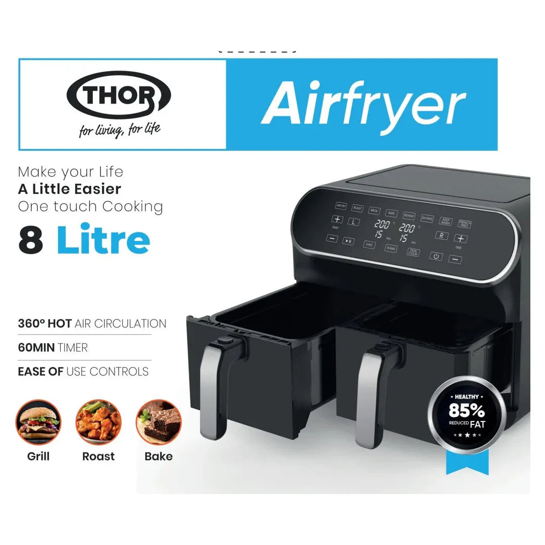 Thor 8L two Drawer Air  Fryer- Black | T8382SSD from Thor - DID Electrical