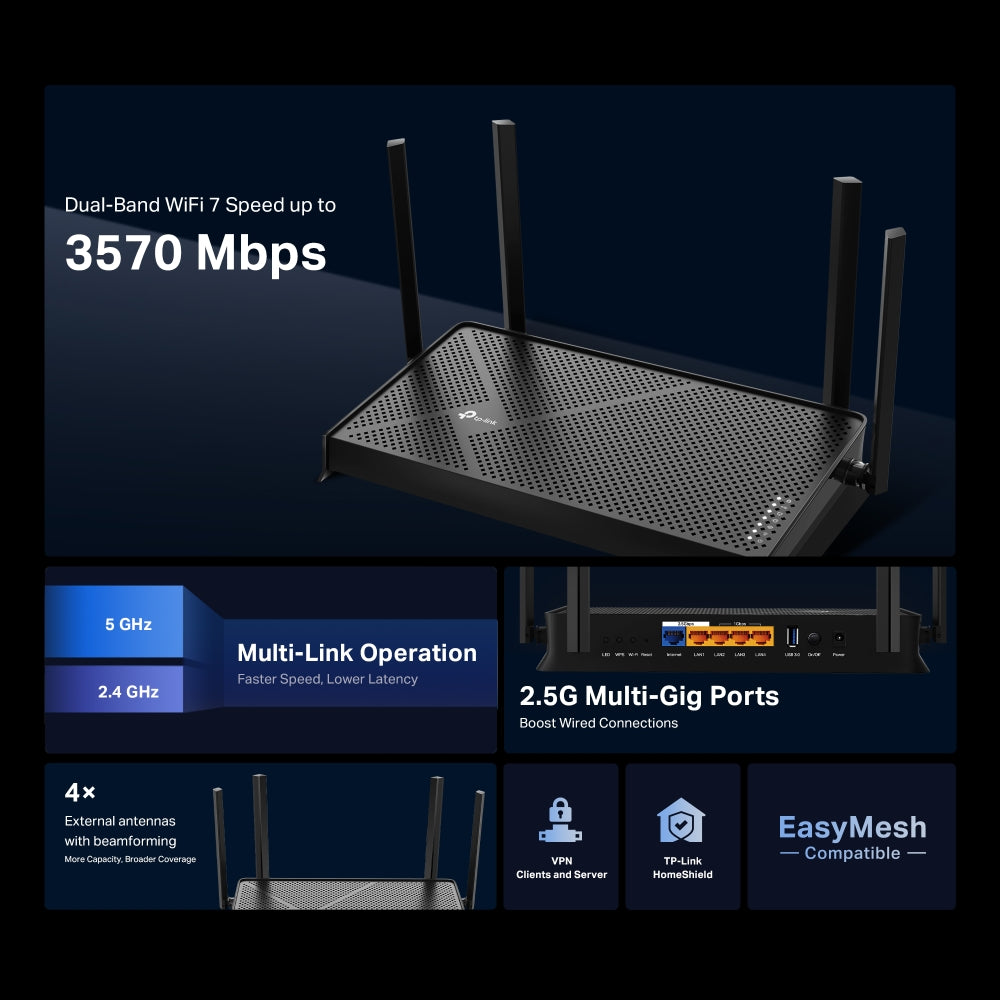 TP Link BE3600 Dual Band Wi-Fi 7 Router - Black | ARCHER BE230 from TP Link - DID Electrical