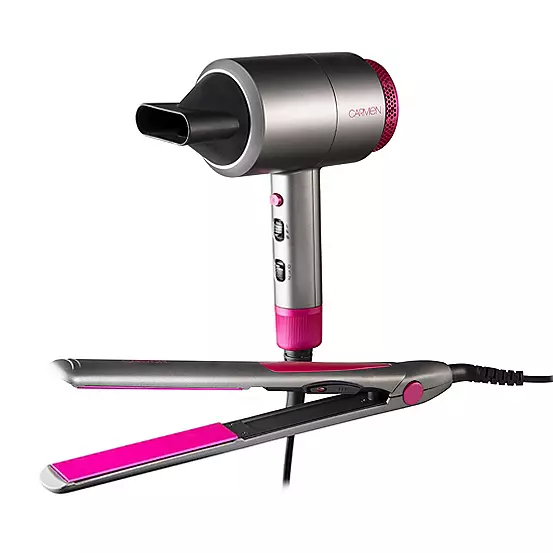 Carmen Neon Hair Dryer & Keratin-Infused Ceramic Straightener Kit - Neon Pink & Graphite Grey | C81181 from Carmen - DID Electrical