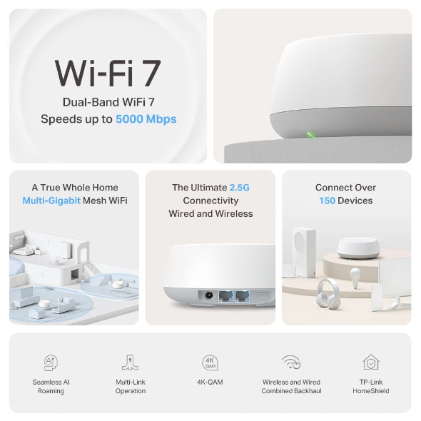 TP Link BE5000 Whole Home Mesh WiFi 7 System - White | DECO BE25 3-PACK