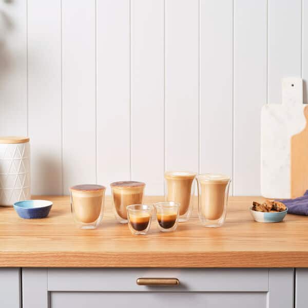 DeLonghi Fancy 6 Mixed Sized Hand Blown Coffee Glasses - Transparent | DLSC302 from DeLonghi - DID Electrical