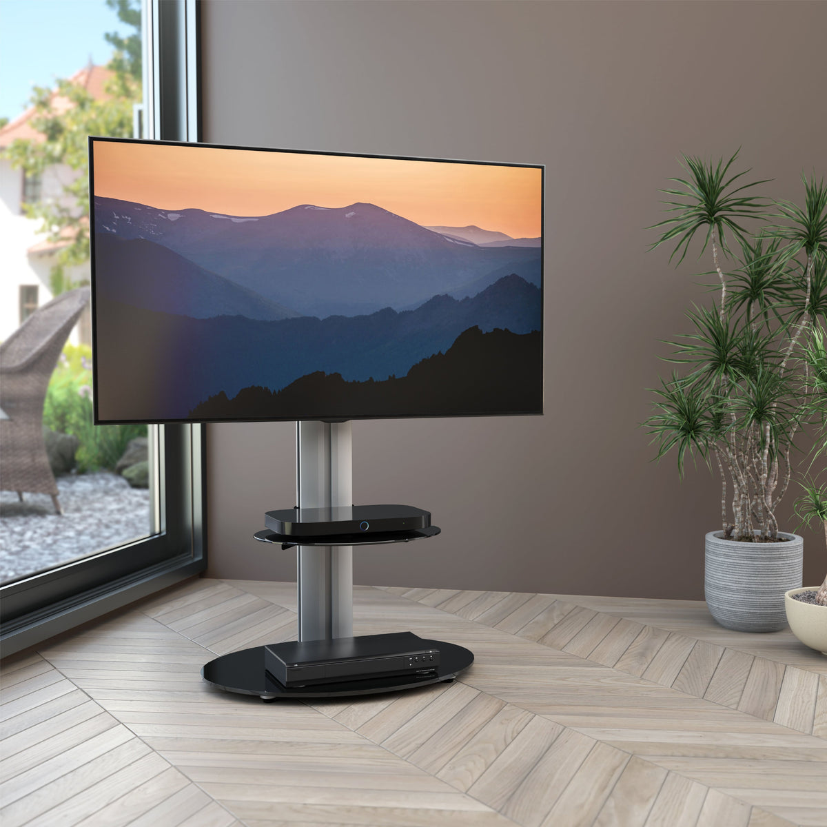 AVF Eno 60cm Oval Pedestal TV Stand with Shelf - Silver &amp; Black Glass | FSL600ENSB from AVF - DID Electrical