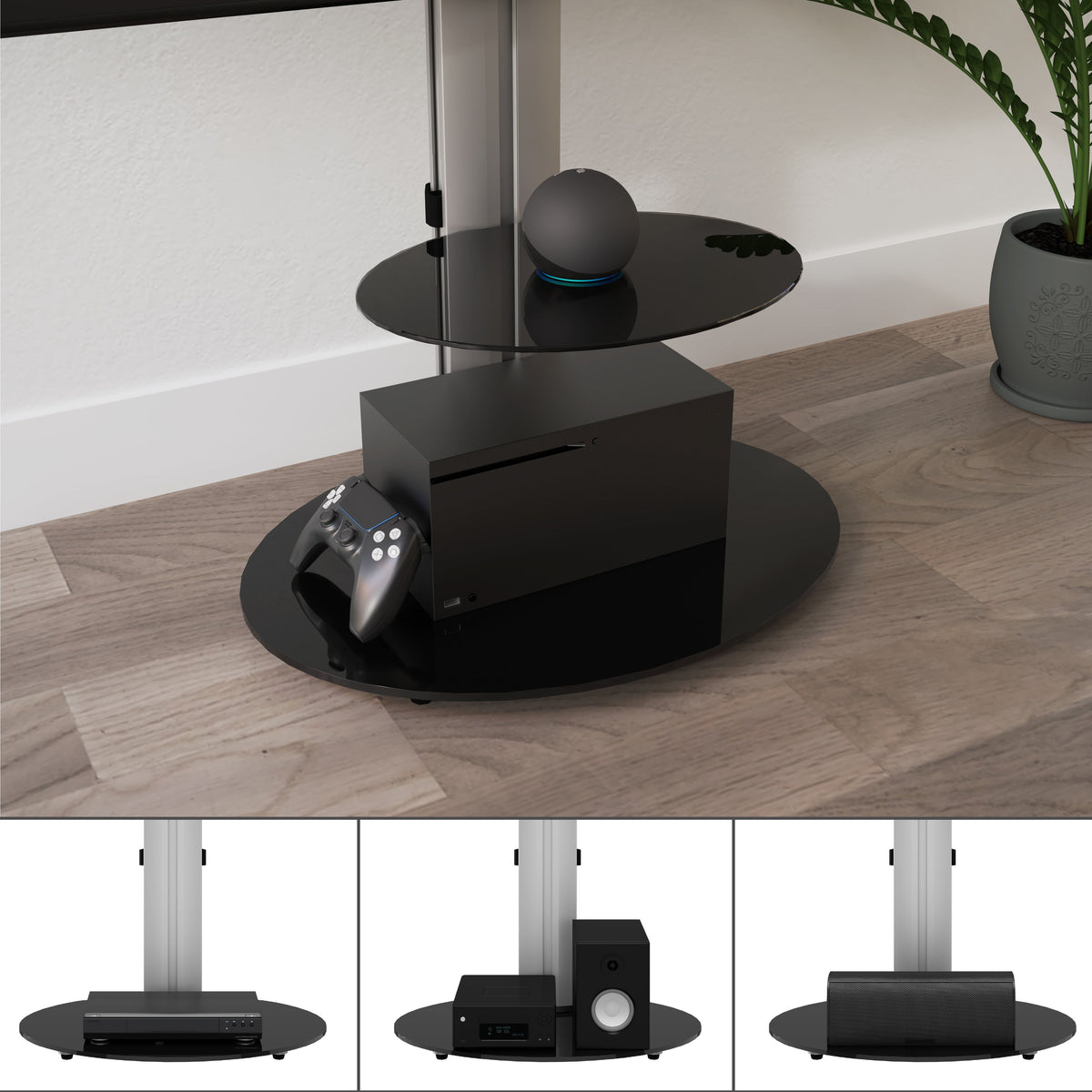 AVF Eno 60cm Oval Pedestal TV Stand with Shelf - Silver &amp; Black Glass | FSL600ENSB from AVF - DID Electrical