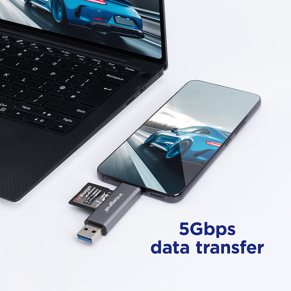 Integral Dual End SD and microSD Card Reader - Black & Silver | INCRUSB3.2ACSDMSDR