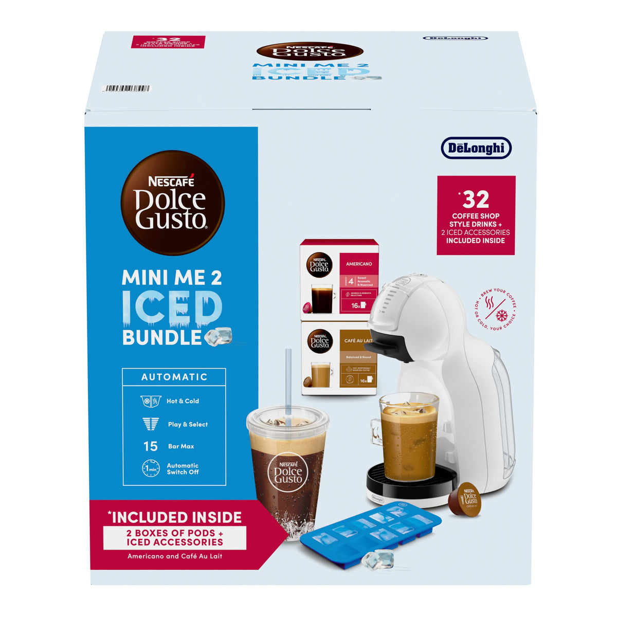Nescafé Dolce Gusto Mini Me 2 Pod Coffee Machine By De'Longhi - Iced Bundle - White | EDG335.W2CAPS