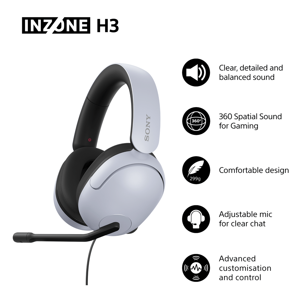 Sony INZONE H3 Over-Ear Wired Gaming Headset - White | MDRG300WCE7