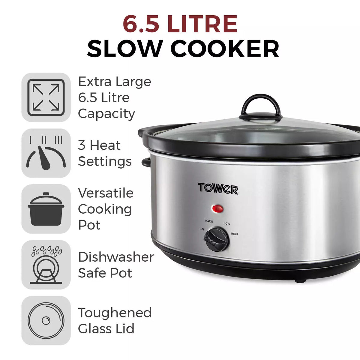 Tower 6.5L Slow Cooker - Stainless Steel | T16040Y from Tower - DID Electrical