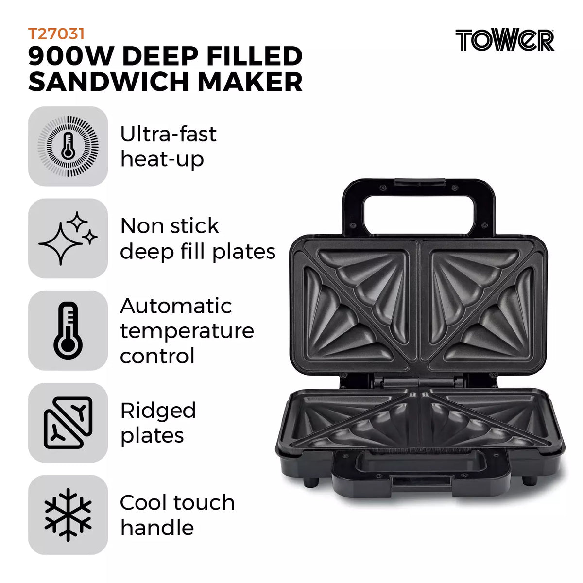 Tower 900W Deep Filled Sandwich Maker - Stainless Steel | T27031