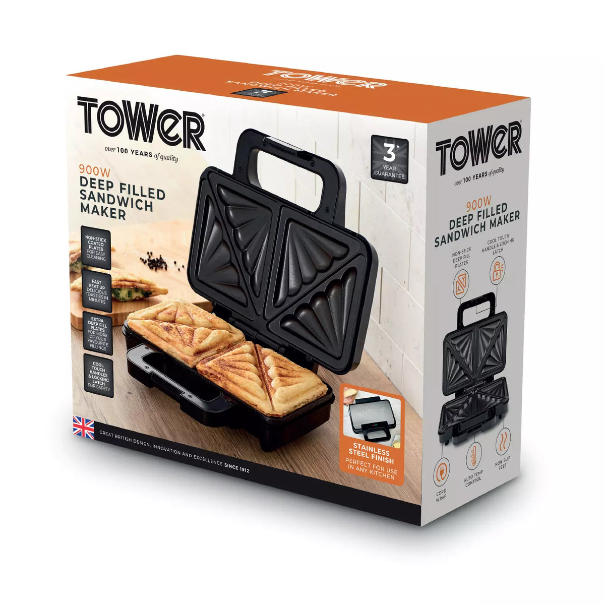 Tower 900W Deep Filled Sandwich Maker - Stainless Steel | T27031