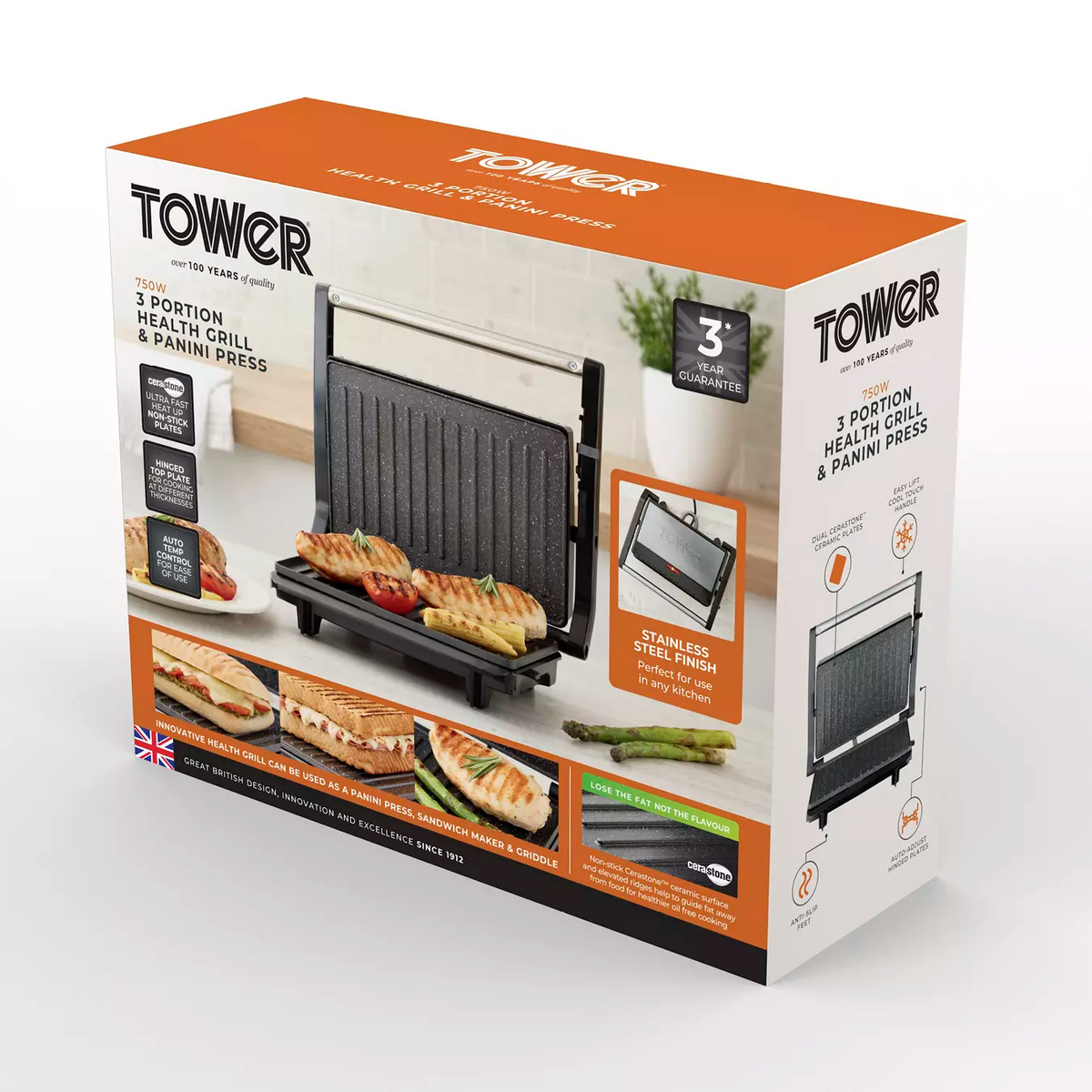 Tower 750W 3 Portion Health Grill &amp; Panini Press with Non-stick Cerastone Coating - Stainless Steel | T27038 from Tower - DID Electrical