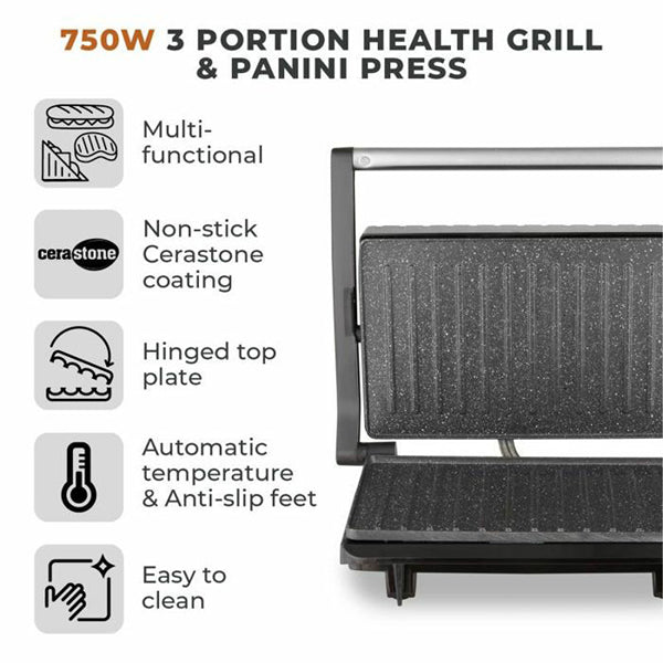 Tower 750W 3 Portion Health Grill &amp; Panini Press with Non-stick Cerastone Coating - Stainless Steel | T27038 from Tower - DID Electrical