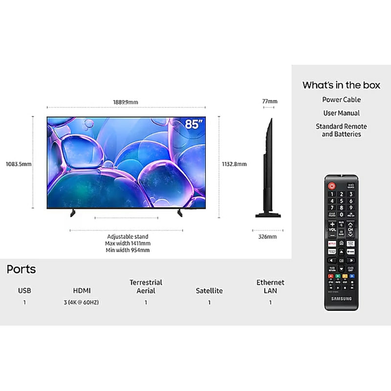 Samsung U7000F 85" 4K Smart TV - Black | UE85U7000FKXXU from Samsung - DID Electrical