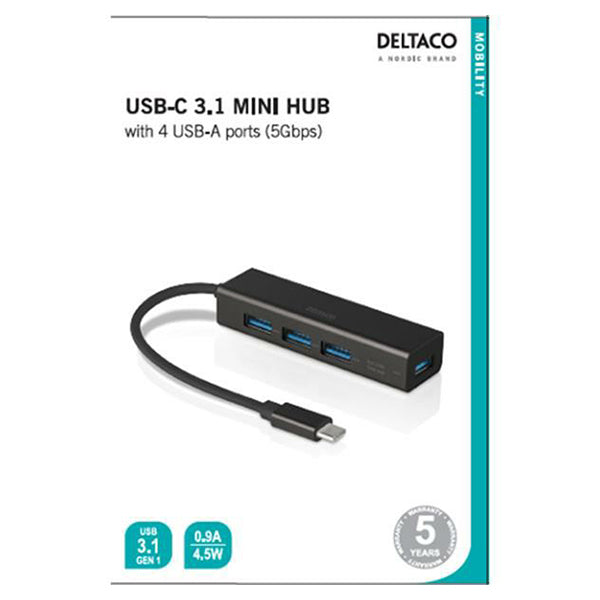 Deltaco USB-C 3.1 Gen 1 Mini Hub with 4 USB-A Ports - Black | USBCHUB12 from Deltaco - DID Electrical