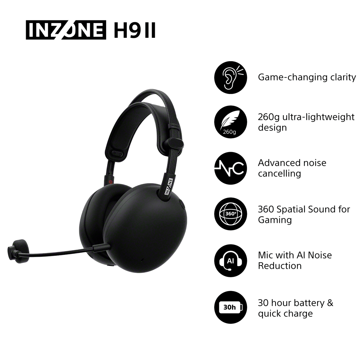 Sony INZONE H9 II Over-Ear Wireless Noise Cancelling Gaming Headset - Black | WHG910NBCE7