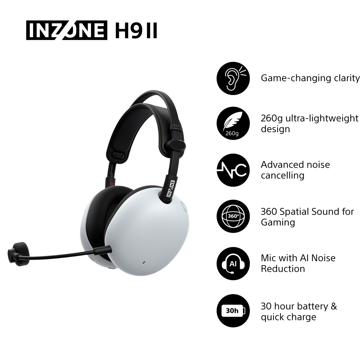 Sony INZONE H9 II Over-Ear Wireless Noise Cancelling Gaming Headset - White | WHG910NWCE7