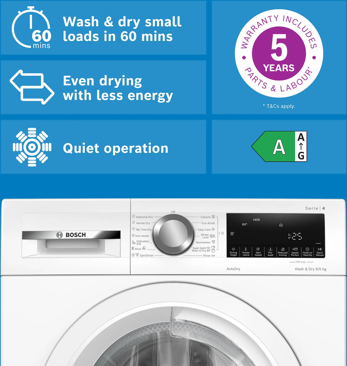 Bosch Series 4 9KG/5KG 1400RPM Freestanding Washer Dryer - White | WNA144V9GB