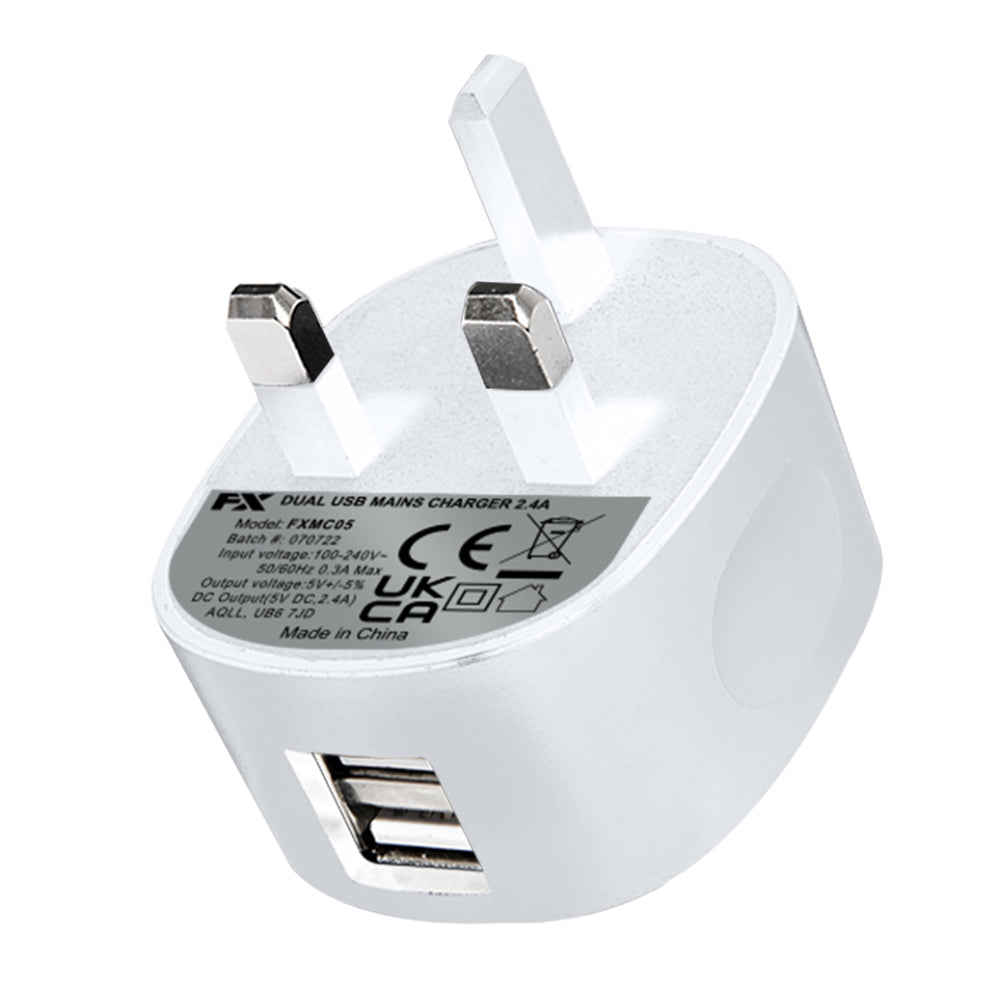 FX Factory 2.4A Dual USB Mains Charger - White | 055386 from FX Factory - DID Electrical
