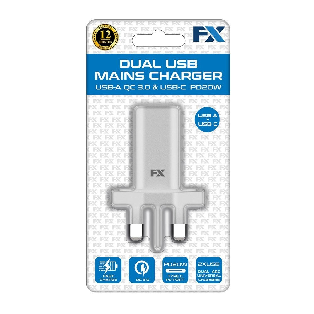 FX Factory 20W USB-A &amp; USB-C Dual USB Mains Charger - White | 097225 (7551022858428)