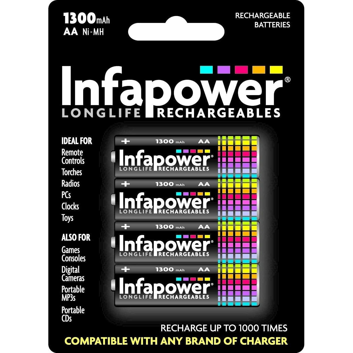 Infapower 1300mAh AA Rechargeable Batteries - Pack of 4 | 210022 (7576409997500)