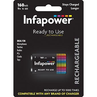 Infapower 9V 160mAh Rechargeable Battery - Black | 210060 (7576409931964)
