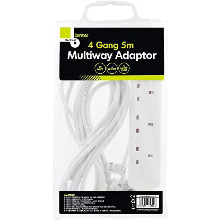 4 GANG 5M TRAILING SOCKET &amp; CABLE - White | 453091 (7630019494076)