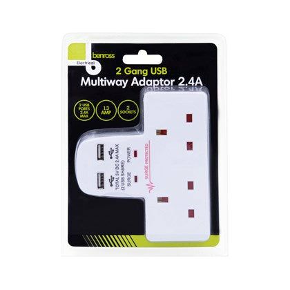 Benross 2 Way 13A Surge Protected Wall Adaptor with 2 USB Ports - White | 456191 (7631955591356)