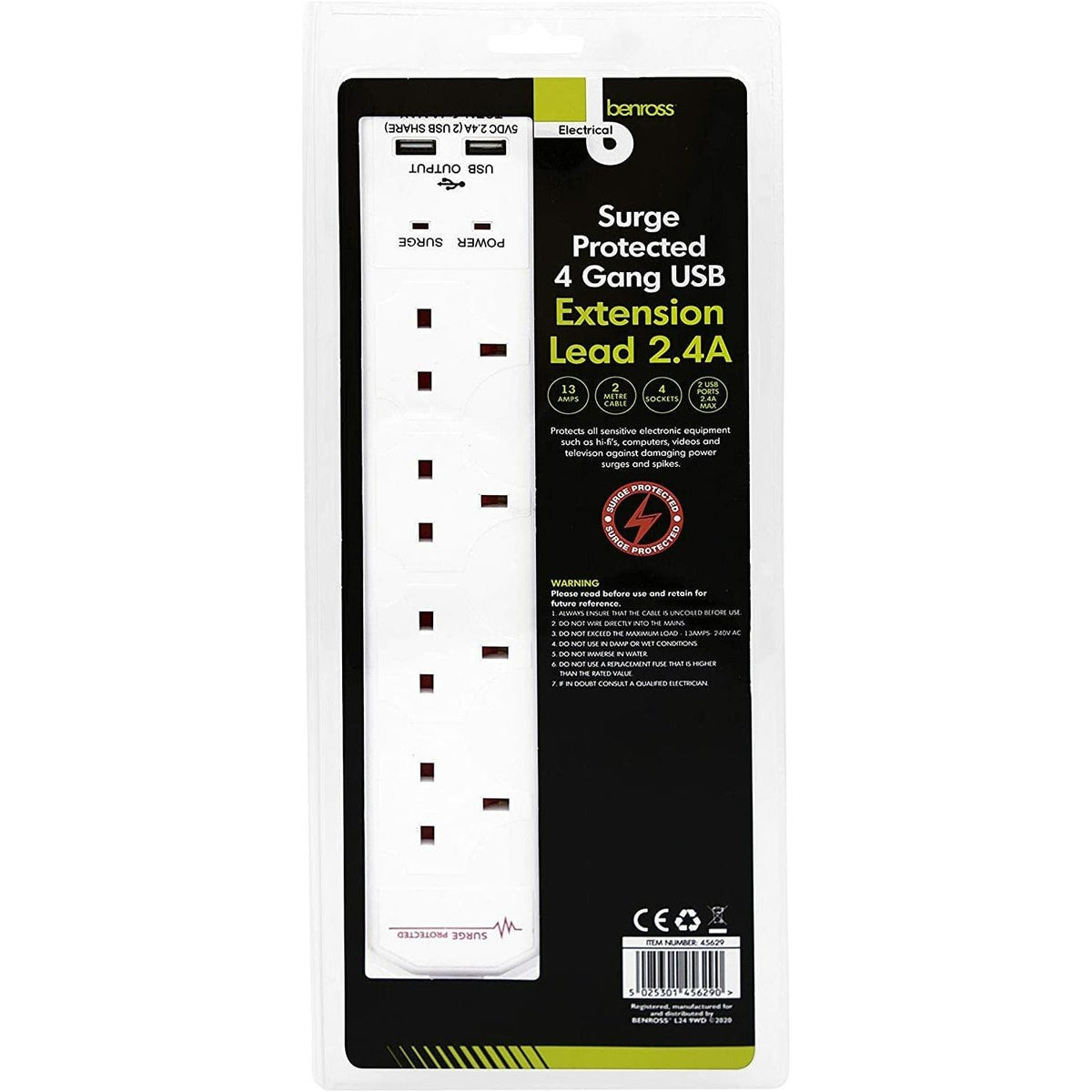 Benross 4 Way 2M 13A Surge Protected USB Extension Lead - White | 456290 (7637291860156)