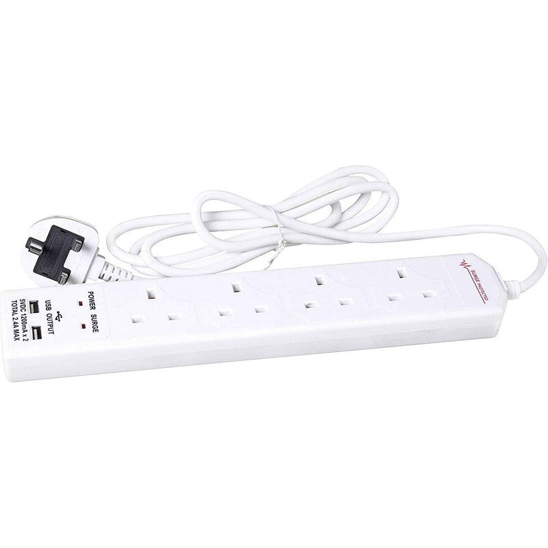 Benross 4 Way 2M 13A Surge Protected USB Extension Lead - White | 456290 (7637291860156)