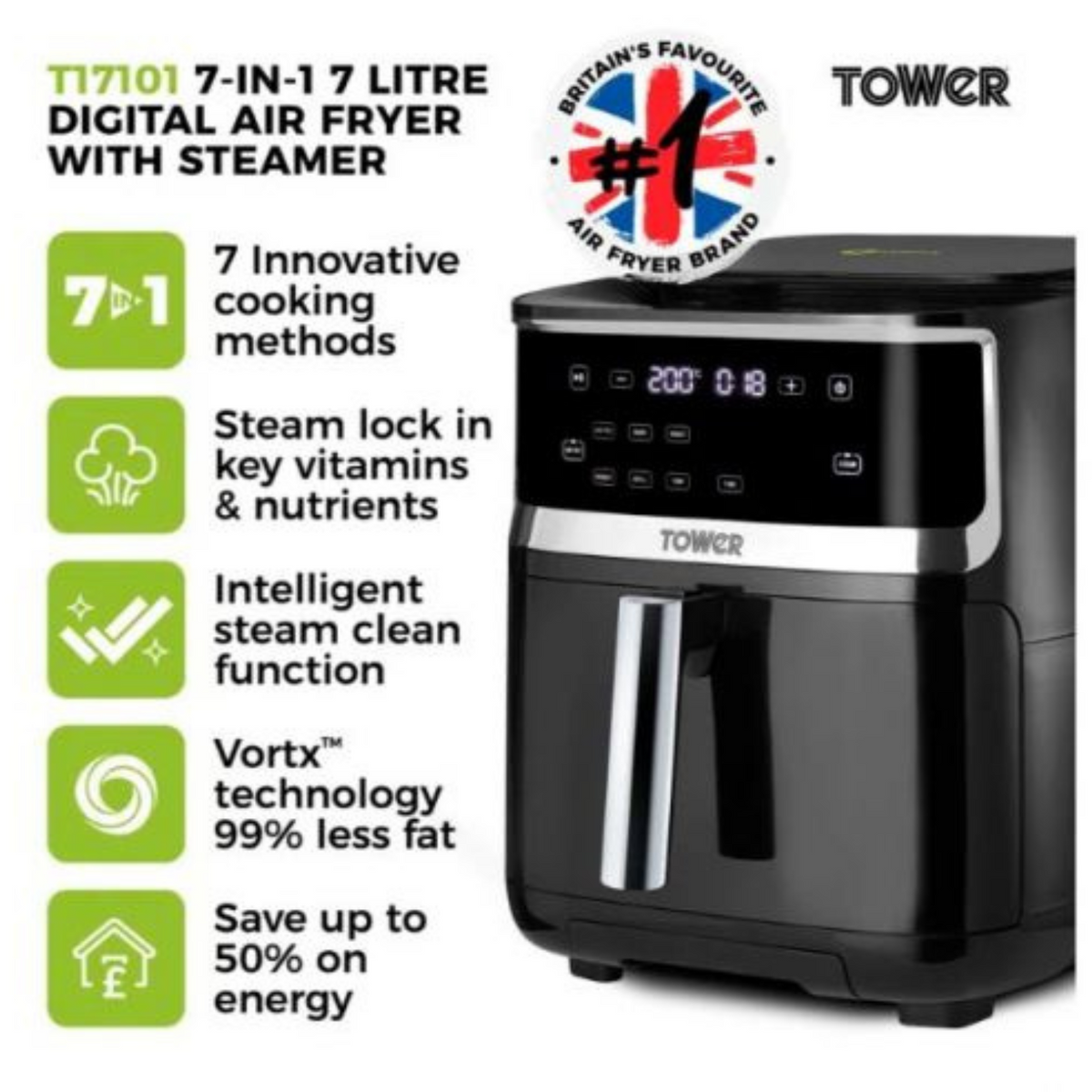 Tower Vortx 1700W 7L Steam Air Fryer - Black | T17101 from Tower - DID Electrical