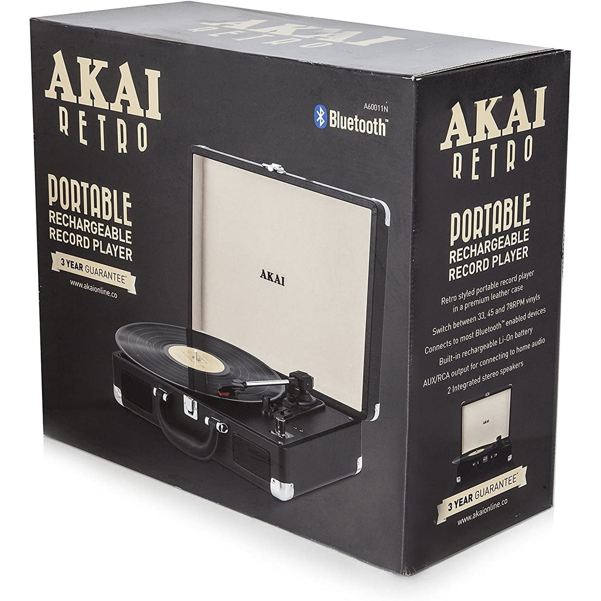 Akai Rechargeable Bluetooth Vinyl Turntable with Briefcase - Black | A60011N (7651989323964)