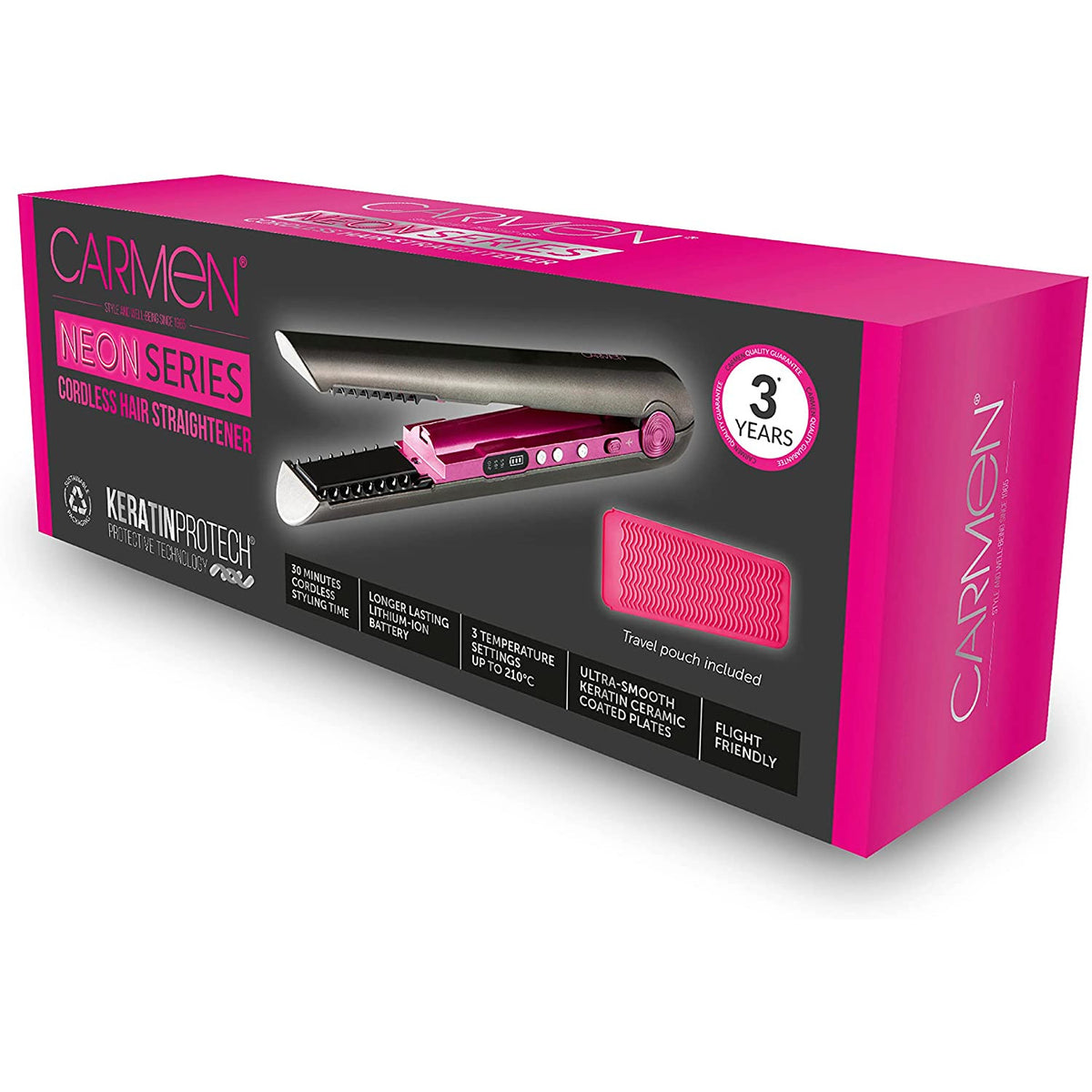 Carmen Neon Cordless Hair Straightener with Ultra-Smooth Keratin Infused - Pink &amp; Graphite Grey | C81165 from Carmen - DID Electrical